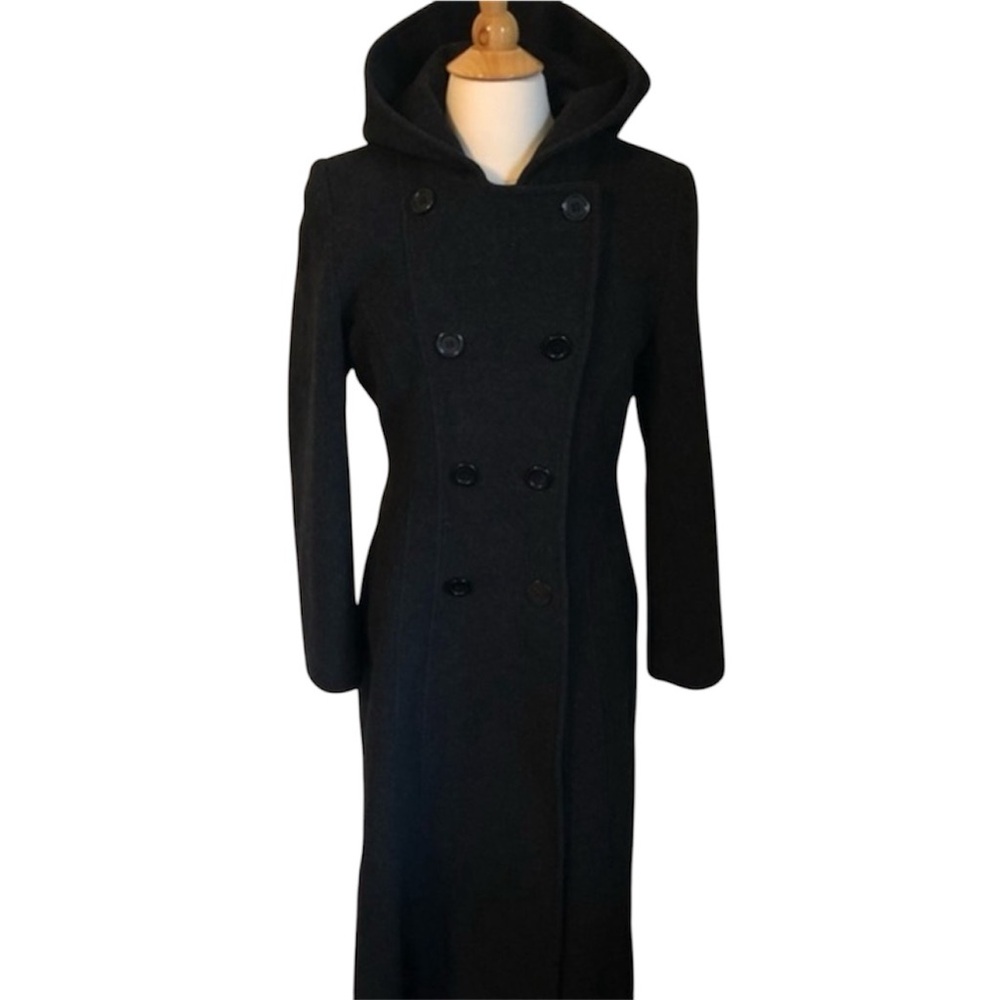 Anne Klein Black 100% Wool Double breasted Maxi hooded coat with buttons Size 6